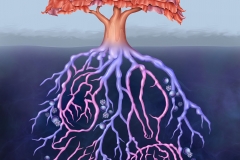 Infographic of a tree and root system is a representation of psoriatic disease as an immune-mediated inflammatory disease with underlying systemic inflammation contributing to various comorbidities