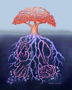 Infographic of a tree and root system is a representation of psoriatic disease as an immune-mediated inflammatory disease with underlying systemic inflammation contributing to various comorbidities